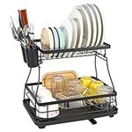 Vinsani Black Dish Drainer Rack 2-Tier Modern Detachable Drying Rack with Auto Drainage System Drip Tray Board Removable Cutlery Holder, Minimalist Dish Draining Rack for Kitchen Sink Countertop