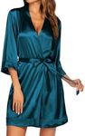 Ekouaer Women's Lace-Trim Silk Robes Bride Bridesmaid Kimono Satin Bathrobe V Neck Sleepwear with 3/4 Sleeve Peacock Blue