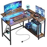 Bestier L Shaped Desk with Power Outlets & LED Lights Compact Corner Desk with Shelves Reversible Computer Desk with Hooks for Home Office Bedroom Small Space 106.5CM