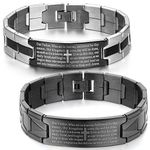 JewelryWe Lot of 2 Stainless Steel Black Silver Religious Cross English Lords Prayer Mens Bracelets, 2pcs