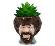 Bob Ross Mini Ceramic Planter with Artificial Succulent | Small Flower Pot, Faux Indoor Plants for Desk Shelf, Decorative Tray Trinket Dish | Home Decor Gifts and Collectibles