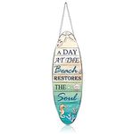 Metal Surfboard Sign Decor A Day at The Beach Restores The Soul Plaque Hanging Beach Decor for Wall and Door Outside Decor, 4 x 12.6 Inch