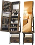 GAOMON 360° Swivel Jewelry Armoire, 66" H Floor Standing Locking with Full Length Mirror, Inside Makeup Mirror, Bottom Drawer, Rear Storage Shelves, Wheels, Brown Cabinet with Large Storage Capacity