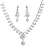 ZENEME Rhodium Plated Silver Toned White American Diamond Studded Necklace With Earring Jewellery Set For Woment and Girl, One Size, Brass, American Diamond