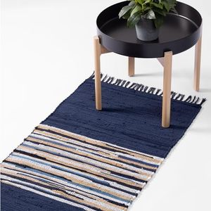 JEMIDI Tapis Chambre 60x130 - Tapis de Cuisine Devant Evier Aussi pour Couloir Salon Chambre - Tapis Bleu et Blanc en Coton Long pour Descente de Lit Chambre Adulte Ado Enfant