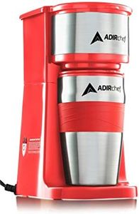 AdirChef Single Serve Mini Travel Coffee Maker & 15 oz. Travel Mug Coffee Tumbler & Reusable Filter for Home, Office, Camping, Portable Small and Compact (Red)