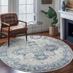 JINCHAN Round Rug 8ft Washable Rug Area Rug Indoor Vintage Floor Cover Print Distressed Blue Multi Chenille Carpet Circle Rug 8' Round Accent Rug Non Slip Kitchen Living Room Bedroom Dining Room