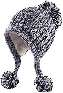 HUAMULAN Women Winter Sherpa Beanie Hats Knit Ear Flaps Peruvian Cover Ears Warm Fleece Lined Ski Snow Hat with 3 Pompom