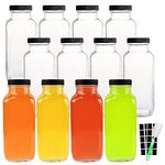 HINGWAH 16 OZ Glass Drink Bottles, Set of 12 Vintage Glass Water Bottles with Lids, Great for Storing Juices, Milk, Beverages, Kombucha and More (Labels and Sponge Brush Included)