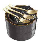 The Essential Concierge Stylish 7.5 Inch Gold & Black Cake Plates with Disposable Forks Cocktail Napkins (100 Set of Each) - Small Appetizer Plates, or Salad Plate Plastic Dessert