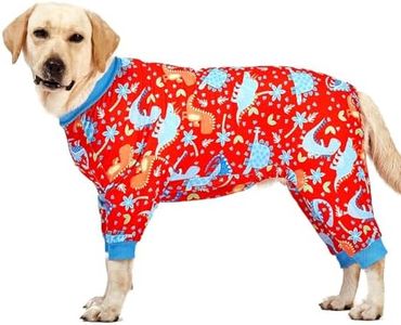 LovinPet Pitbull Dog Pajamas, Large Dog Onesies for Surgery/Wound Care, Lightweight Stretchy Knit Fabric, Dinosaur Jungle Red Print Dog PJ's UV Protection, Pet Anxiety Relief, Dog Costume/XL