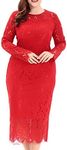 Eternatastic Women's Floral Lace Long Sleeve Plus Size Dress for Christmas Dress Red 6XL
