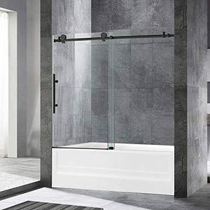 WOODBRIDGE Frameless Bathtub Shower Doors 56-60" Width x 62"Height with 3/8"(10mm) Clear Tempered Glass in Matte Black Finish