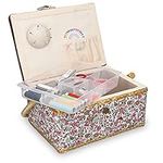 Navaris Sewing Box with Accessories - Sew Basket with Organizer Tray Compartments 9.7" x 6.9" x 4.9" - Includes 76 Piece Kit - Floral Print