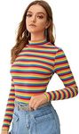 Floerns Women's High Neck, Long Sleeve Slim Fit Stretch Striped T-Shirts Multi-1, L