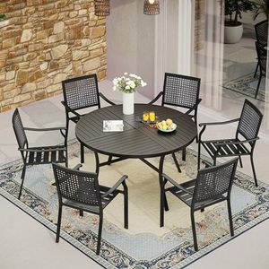 MFSTUDIO 7 Pieces Metal Patio Dining Set, 54" Round Iron Table with 1.75" Umbrella Hole and 6 Stackable Outdoor Metal Mesh Chairs