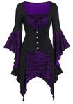 FEOYA Womens Medieval Bandage Dress Tops Butterfly Sleeve Irregular Tunic Shirts Dresses Skeleton Lace Patchwork Vintage Blouse Dress Steampunk Victorian Halloween Costumes