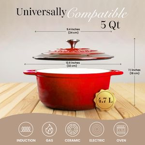 Nuovva 5 Quart Dutch Oven – Red Cast Iron Casserole Pot