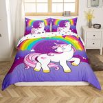 Girls Unicorn Duvet Cover Twin Girls Bedding Set Cute Rainbow Unicorn Print Comforter Cover Kids Cartoon Kawaii Quilt Cover Galaxy Stars Fantasy Girls Room Decor Children Unicorn Reversible Purple