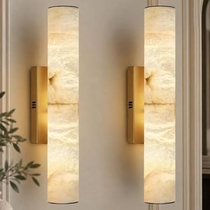 Gold Alabaster Wall Sconces Set of 2, Spanish Natural Marble Wall Sconce, 20" Brass Wall Sconce for Bathroom, Indoor Stone Wall Sconces Dimmable, Alabaster Wall Light for Living Room, Bedroom, Hallway