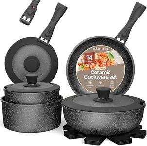 Bakken-Swiss Detachable 15-Piece Cookware Set – Granite Non-Stick – Eco-Friendly – Stackable Removable Handles – for All Stoves & Oven-Safe - Marble Black Coating