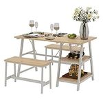 SogesGame 47 Inches Dining Table Set of 3, Kitchen Table Set with Bench for 2-4 Space Saving with Wine Rack Hooks,Millennium Oak