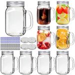 9 Pack Glass Mason Jar with Handle, 16 oz Mason Jar Drinking Glasses Old Fashioned Regular & Glass Mason Jar Mugs with Lids & Straws for Drinks/Canning/Preserving/Meal Prep