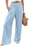 ANRABESS Women Linen Palazzo Pants Summer Boho Wide Leg High Waist Casual Lounge Pant 2024 Beach Travel Vacation Outfits Baby Blue Small