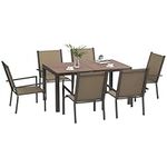 Outsunny 7 Pieces Garden Dining Set with Wood-plastic Composite Dining Table, Outdoor Table and 6 Stackable Armchairs with Breathable Mesh Fabric Seats and Backrest, Khaki