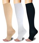 3Pairs Toeless Open Toe 15-20mmHg Compression Socks for Men Women Support Knee High Stockings (Nude+White+Black, S/M))