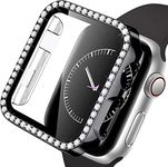 Glass+Case Compatible for Apple Watch 45mm 41mm 44mm 40mm 42mm 38mm Bling Diamond Setting Bumper with Built-in Tempered Screen Protector Protective Cover for iWatch Series 7 6 SE 5 4 3 2 1