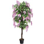 COSTWAY 150CM/180CM Ficus Artificial Tree, Fake Wisteria Trees in Nursery Pot, Indoor Outdoor Greenery Tall Faux Floor Plant for Living Room Office Decor (1, 180CM, Green+Rose)