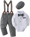 Baby Boys Clothes Gentleman Outfits Suits, Infant Long Sleeve Shirts + Suspender Pants + Bowtie + Beret Hat 0-18M