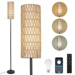 Rayofly Arc Floor Lamps for Living Room, Dimmable LED Floor Lamp with Remote Control, Boho Standing Lamp with Rattan & Linen Lampshades, Black Corner Floor Lamp for Bedroom Office, Smart Bulb Included