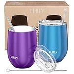 THILY Stainless Steel Stemless Wine Tumbler 12 oz Vacuum Insulated Travel Wine Glasses Set with Sliding Lid, Metal Straw, House Warming Present, 2 Pack(Purple + Blue)