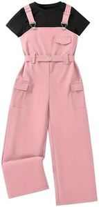 Ecolala Girls Overalls Short Sleeve Top and Casual Wide Leg Jumpsuit 2 Pieces Outfits Pink Black 13-14Y