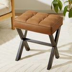 Chilihom Vanity Stool Vanity Chair, 18 Inch Makeup Vanity Stool Chair, Padded Piano Stool, Square Foot Stool Ottoman Foot Rest with Metal X Legs for Makeup Room, Living Room, Bathroom, Leather Brown