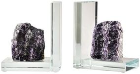 AMOYSTONE Heavy Duty Glass Bookends for Tall Books, L-Shaped Decorative Bookends with Purple Fluorite Stone, Non-Skid Book Support for Home or Office (1 Pair 4-6 LBS)