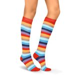 Benefeet Sox Womens Striped Knee High Socks Girls Funny Novelty Athletic Colorful Stripe Cute Stockings Tube Socks, Red Rainbow Striped, One Size