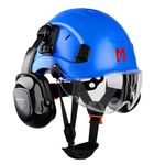 Mustbau Construction Hard Hats Ventilated Safety Helmet with Clear Visor,Hearing Protection,Earmuffs and Chin Strap,53 to 63cm Adjustable Hard Hat for Forestry,Chainsaw,Industrial- Navy Blue