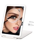 LUKYMIRO Rechargeable Travel Makeup Mirror with Lights, Portable Lighted Vanity Mirror with 10X Magnification, 70 LEDs 3 Color Lights, Touch Tabletop Folding Compact Cosmetic Mirror White