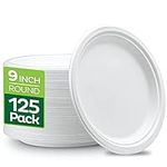 Stack Man 100% Compostable 9 Inch Heavy-Duty Plates [125-Pack] Eco-Friendly Disposable White Bagasse Plate, Made of Natural Sugarcane Fibers - 9" Biodegradable Paper Plates by 9'' Round 10 X 45