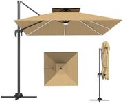 Outsunny 2.5m Cantilever Parasol with Solar Powered LED Lights, Double Top Square Overhanging Garden Parasol with 360° Rotation, Tilt Adjustment, Crank Handle, Khaki