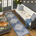 Mark&Day Outdoor Rugs, 3x12 Honderd Traditional Indoor/Outdoor Denim Runner Area Rug, Non Shedding Blue Grey White Carpet for Patio, Porch, Deck, Poolside, Bedroom or Living Room (2'7" x 12' Runner)