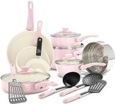 GreenLife Soft Grip Healthy Ceramic Nonstick, 16 Piece Cookware Pots and Pans Set, PFAS-Free, Dishwasher Safe, Soft Pink