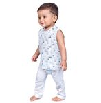 POLKA TOTS Super Soft Cotton Sleeveless Jhabla and Pant Set Elephant Print - White & Blue