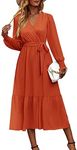 PRETTYGARDEN Women's Floral Print Boho Dress Long Sleeve Wrap V Neck Ruffle Belted A-Line Flowy Maxi Dresses (Solid Brick Red,X-Large)