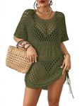 Bsubseach Crochet Cover Ups for Women Hollow Out Knit Bikini Swimwear Swimsuit Cover Up Beach Dress with Drawstring Army Green