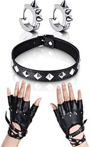 Hicarer Women Punk Rivets Belt PU Leather Half Finger Gloves with Rivets Choker Earrings, Black, One Size