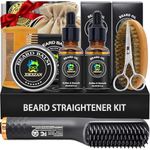 Beard Straightener Kit,Beard Growth Grooming Kit w/Beard Straightener,Heat Protectant Spray,Beard Wash Shampoo,Conditioner,Oil,Balm,Wax,Comb,Brush,Scissor,Bag,E-Book,Gifts for Men Him Dad Boyfriend